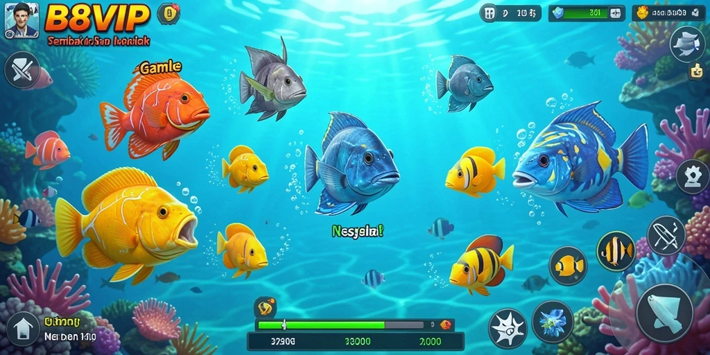 Tampilan gameplay B8VIP dengan aksi menembak ikan yang seru.