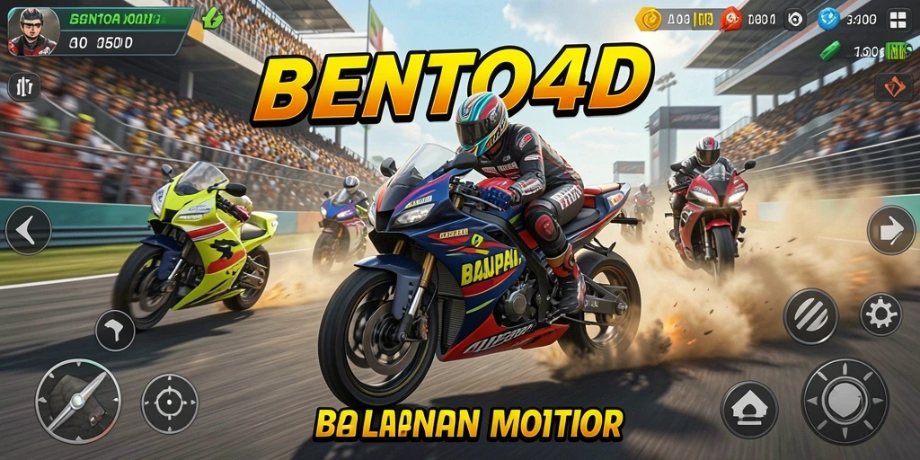 Screenshot gameplay BENTO4D menunjukkan aksi balapan motor yang mendebarkan.