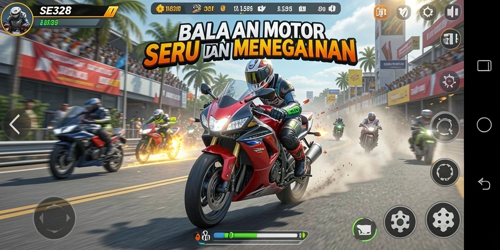 Tangkapan layar SE328 menampilkan aksi balap motor yang intens dan realistis.